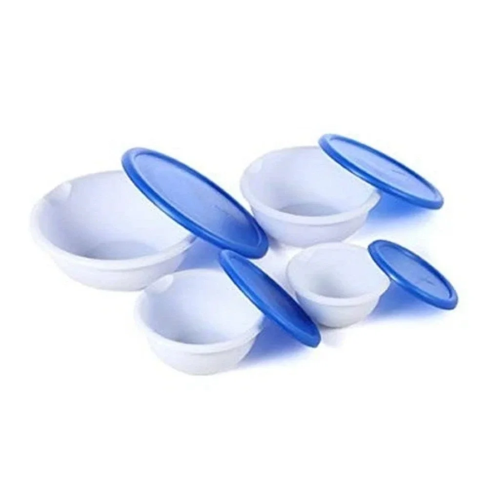 Sterilite 8 Piece Covered Bowl Set Multisize White Blue 4 Bowls Made In USA NEW